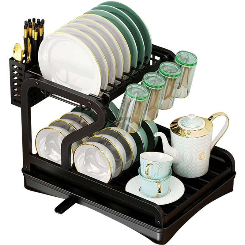 2 Tier Large Dish Drying Rack with Drip Tray, Detachable Dish Drainer Rack  with Swivel Drainage Spout, Cutting-Board Holder, Cup Holder, Organize  Shelf with Utensil Holder Set, Black