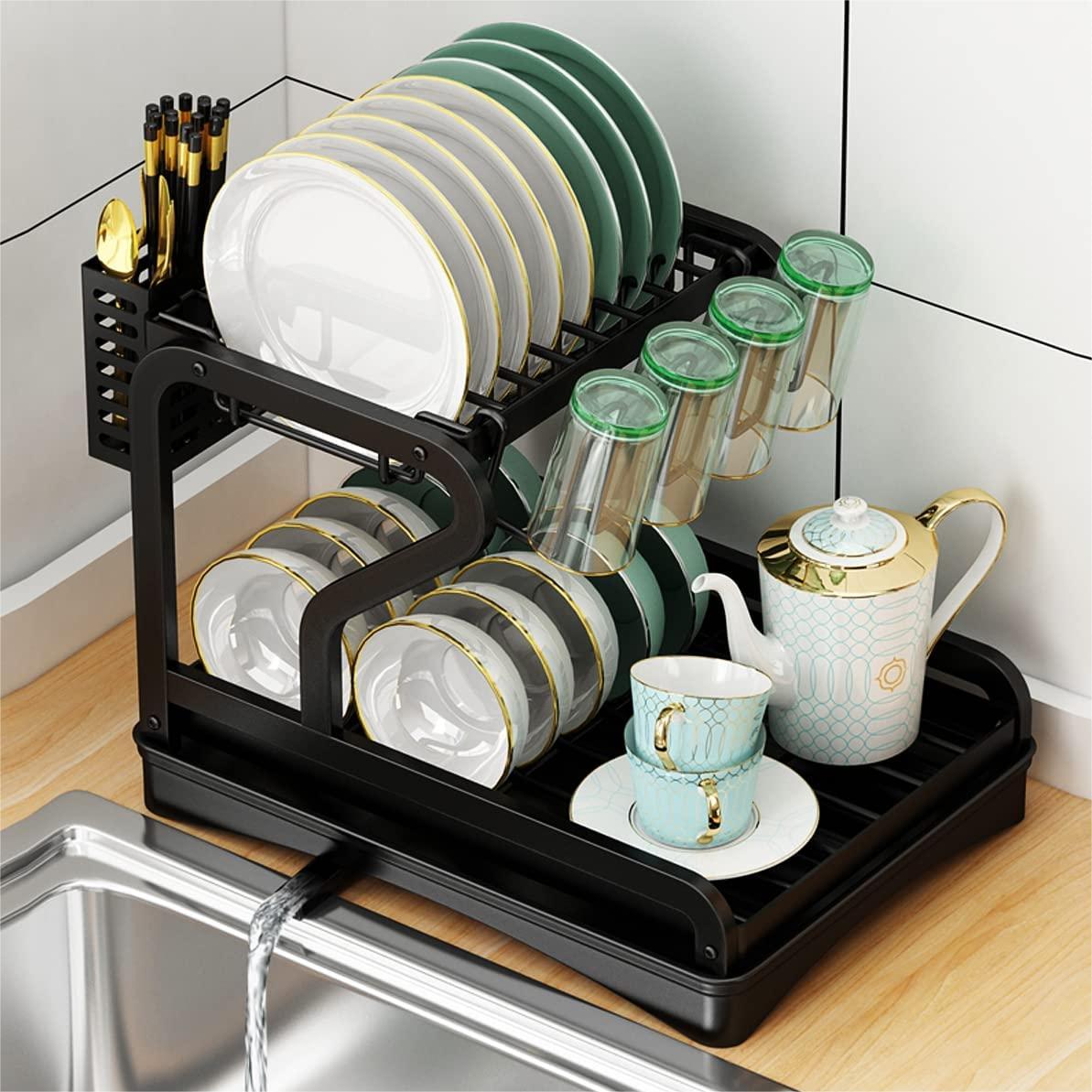 2-Tier Dish Drying Rack for Kitchen Counter with Swivel Spout, Drainin –