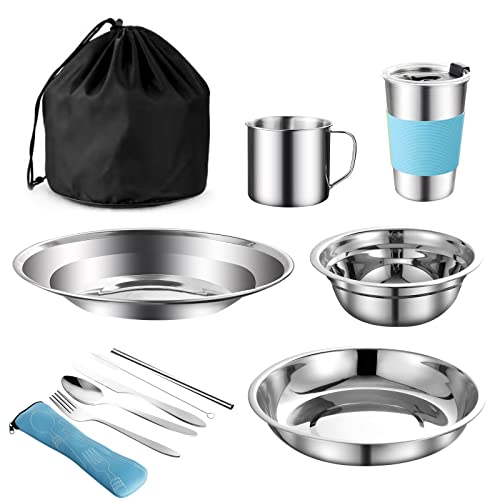 MOUFIER Outdoor Camping Cutlery Set Stainless Steel Utensils for 1-2 Person  Camping Tableware Mess Kit Complete Dinnerware Set 12 in 1 Flatware Kit