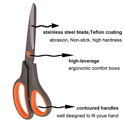 2 Pack 8 Titanium Non-Stick Scissors, All-Purpose Professional Stainless Steel Shears Comfort Soft Grip, Straight Office Craft Scissors for DIY
