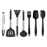 Jasni Silicone Kitchen Utensil Set, 7pcs Heat Resistant Non-Stick Cooking Tools, Slotted Spatula Soup Ladle, Upgraded Stainless Steel Kitchen Utensil (Black)