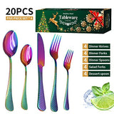 20 Piece Rainbow Silverware Set Service for 4,Stainless Steel Flatware Set,Attractive Mirror Finished Cutlery Set for Home Kitchen Restaurant,Include Knife Fork Spoon Set,Dishwasher Safe (A/Rainbow)