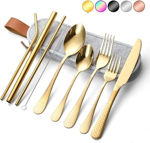 Portable Stainless Steel Flatware Set, Travel Camping Cutlery Set, Portable Utensil  Travel Silverware Dinnerware Set with a Waterproof Case (Gold)