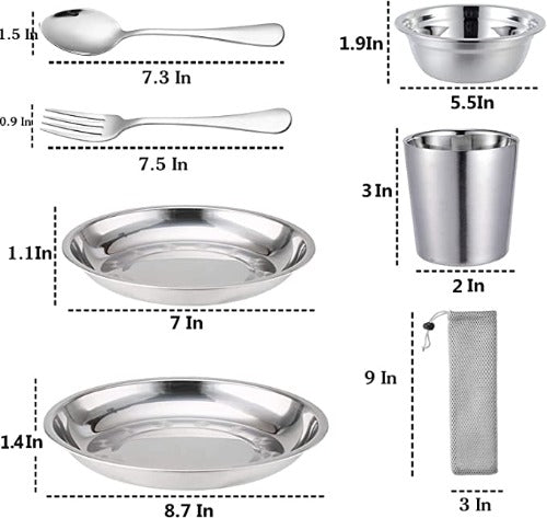 Stainless Steel Bowl Set Kit Polished Stainless Steel Dishes Set|  Tableware| Dinnerware| Camping| Buffet| Includes - Cups | Plates| Bowls|  Cutlery