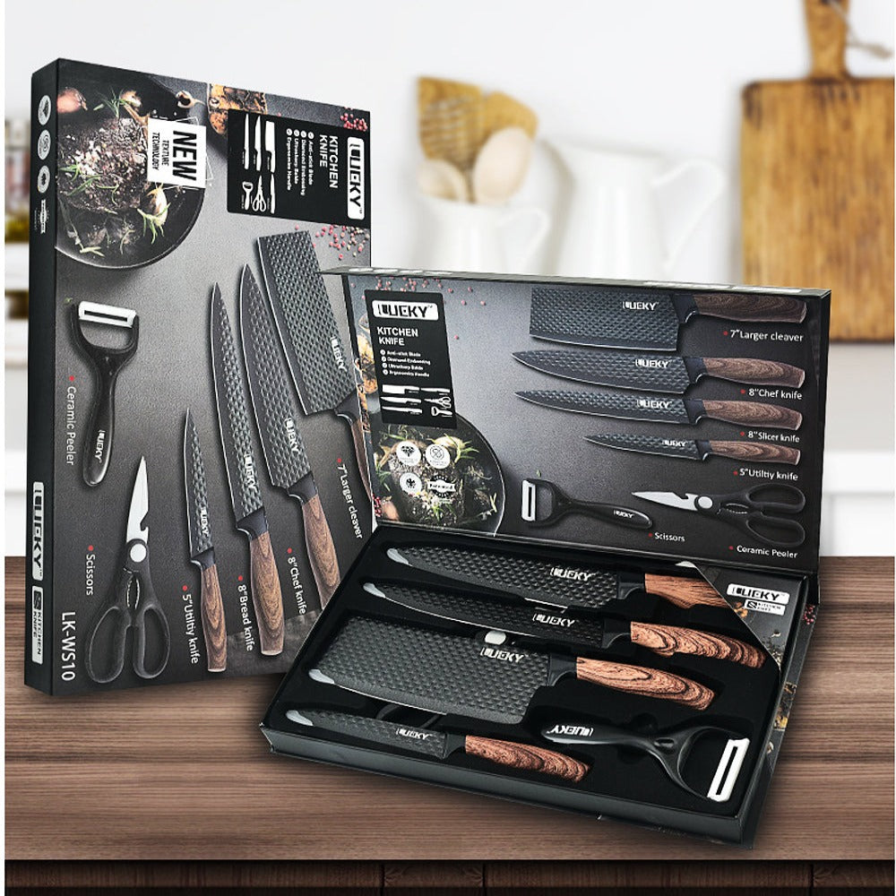 Kitchen Knife Set, 9-Pieces Black Sharp Non-Stick Coated Chef Knives Block  Set ,Stainless Steel Knife Set for Kitchen with Sharpener for Cutting  Slicing Dicing Chopping (Black)